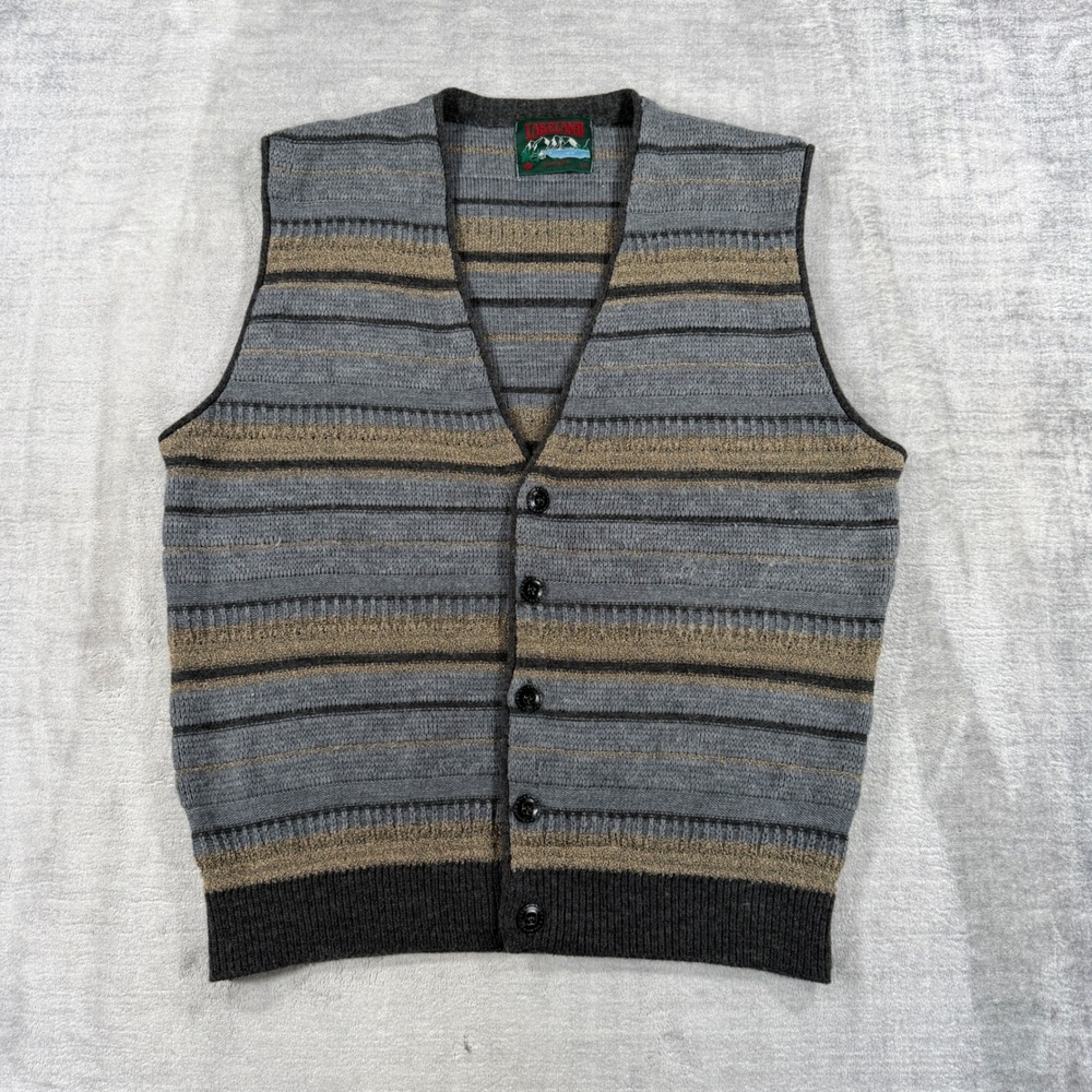 Lakeland Sweater Mens Large Grey Striped Vintage Cardigan Vest Wool Blend Knit